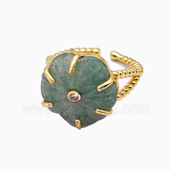 Green Aventurine Flower Rings Pave Zirconia Gold Plated