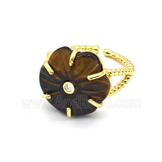 Tiger Eye Stone Flower Rings Pave Zirconia Gold Plated
