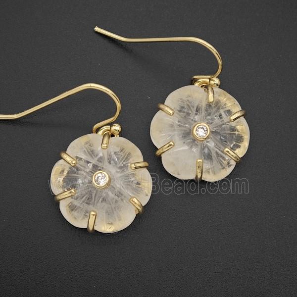 Clear Quartz Flower Hook Earrings Pave Zirconia Gold Plated