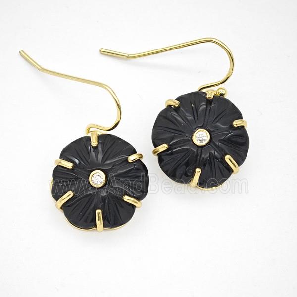 Black Obsidian Flower Hook Earrings Pave Zirconia Gold Plated