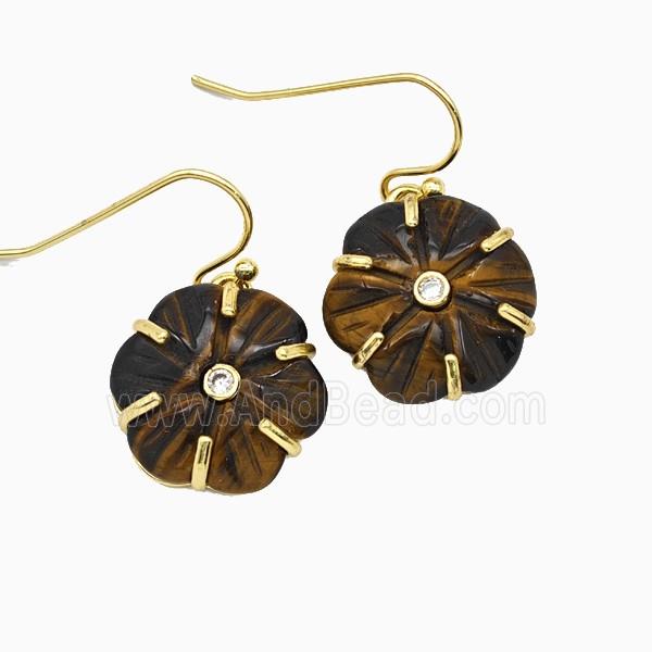 Tiger Eye Stone Flower Hook Earrings Pave Zirconia Gold Plated
