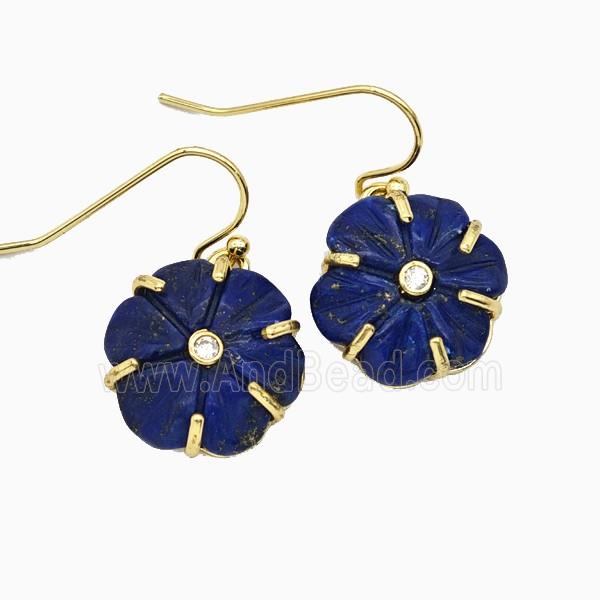 Blue Lapis Lazuli Flower Hook Earrings Pave Zirconia Gold Plated