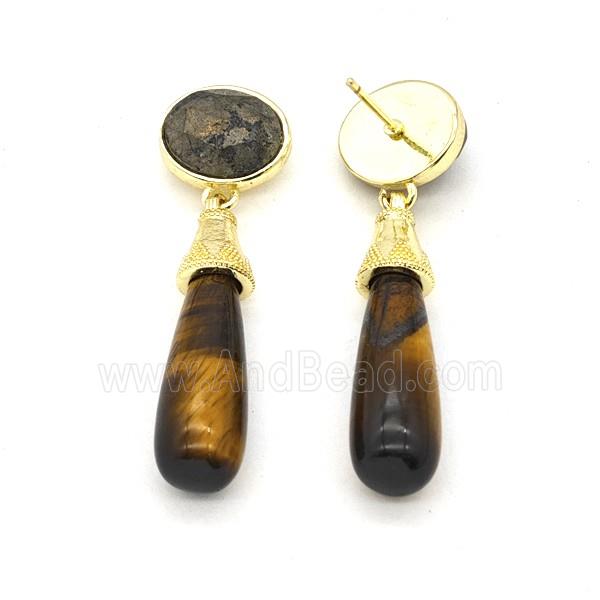 Tiger Eye Stone Teardrop Stud Earrings Gold Plated