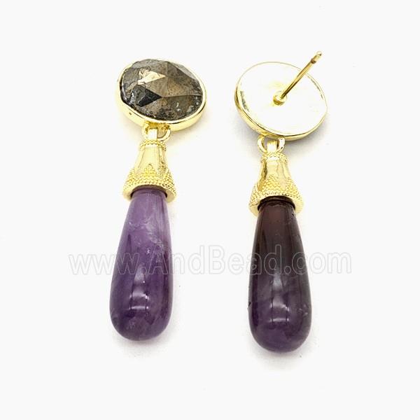 Purple Amethyst Teardrop Stud Earrings Gold Plated