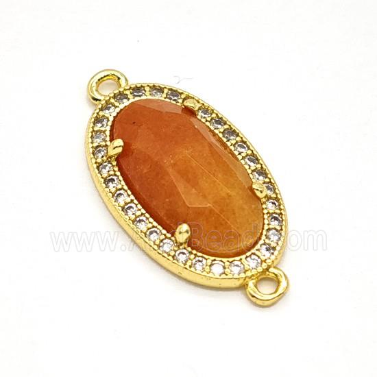 Natural Red Aventurine Oval Connector Copper Pave Zirconia Gold Plated