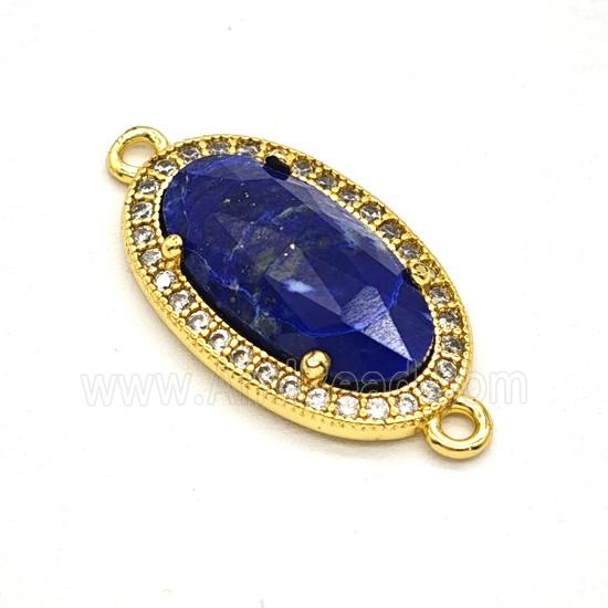 Natural Blue Lapis Lazuli Oval Connector Copper Pave Zirconia Gold Plated