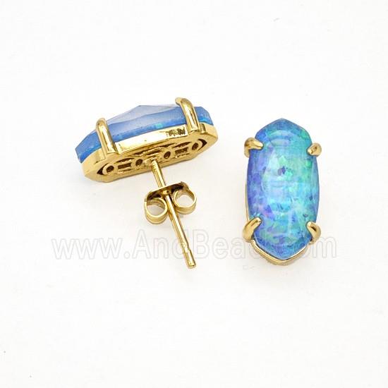 Blue Fireopal Copper Stud Earrings Gold Plated
