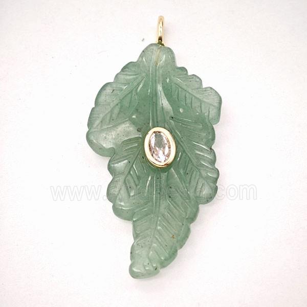 Green Aventurine Leaf Pendant Pave Zirconia