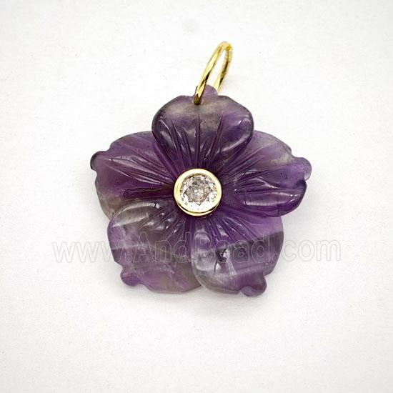 Purple Amethyst Flower Pendant Pave Zirconia