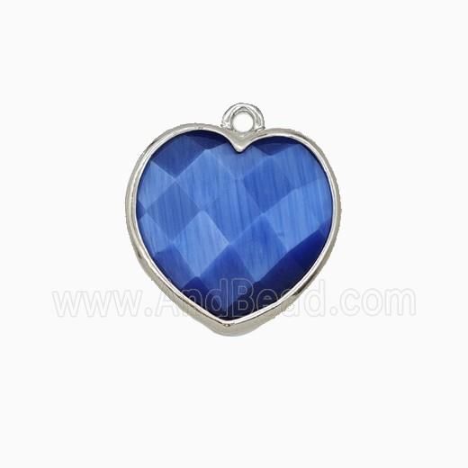 Blue Cats Eye Glass Heart Pendant Faceted