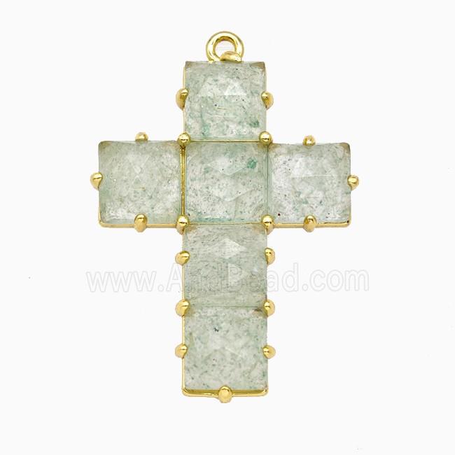 Lt.green Strawberry Quartz Cross Pendant Gold Plated