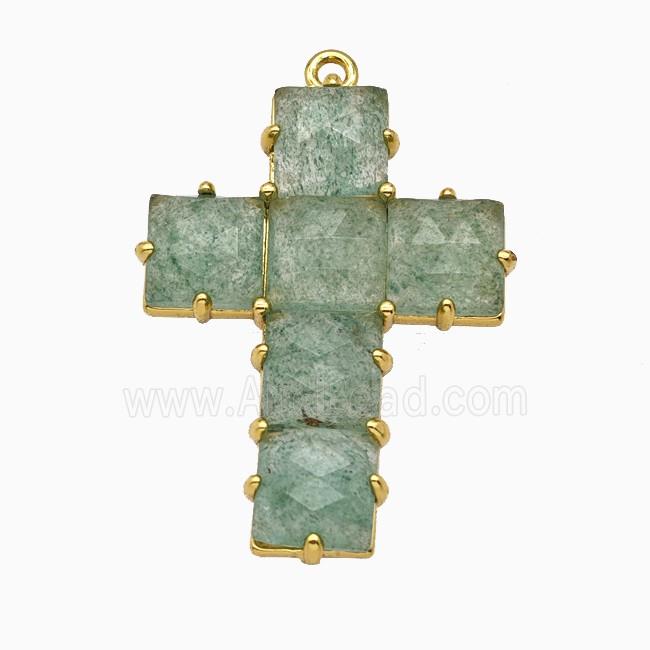 Green Strawberry Quartz Cross Pendant Gold Plated