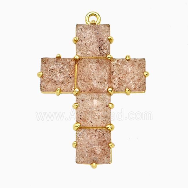 Pink Strawberry Quartz Cross Pendant Gold Plated
