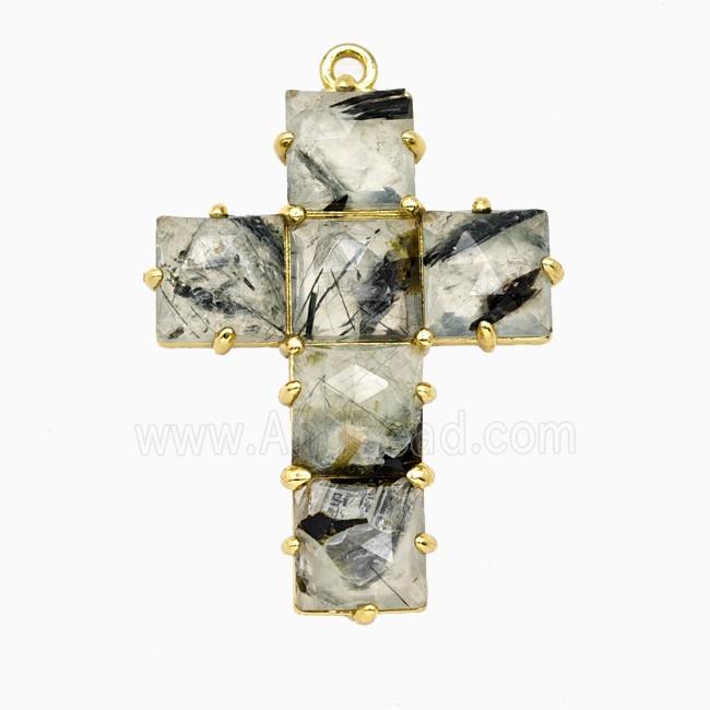Green Prehnite Cross Pendant Gold Plated