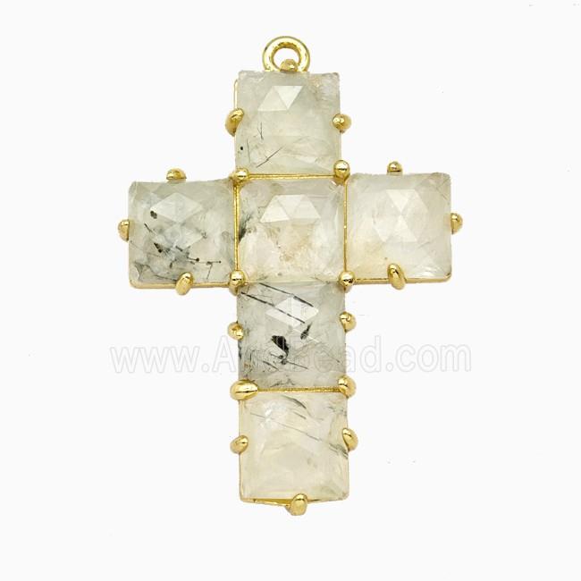 Lt.green Prehnite Cross Pendant Gold Plated