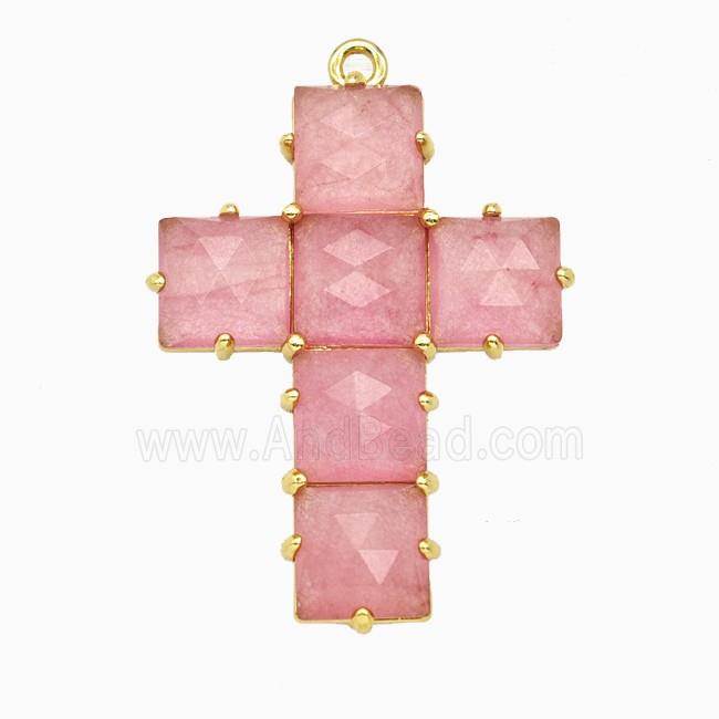Pink Dye Jade Cross Pendant Gold Plated