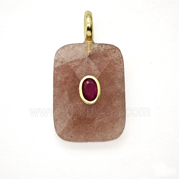 Natural Pink Strawberry Quartz Rectangle Pendant Pave Zirconia