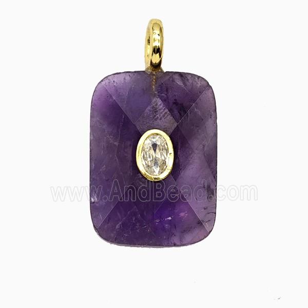 Natural Purple Amethyst Rectangle Pendant Pave Zirconia