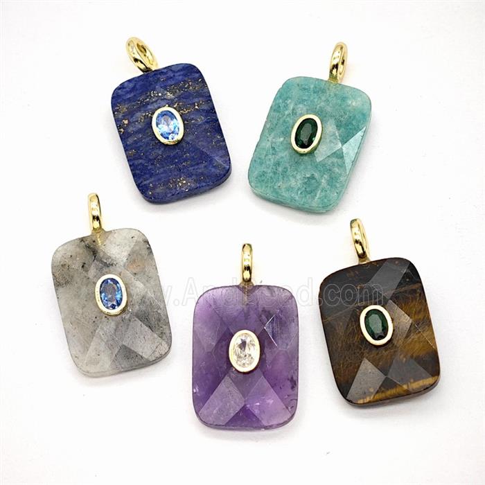 Natural Gemstone Rectangle Pendant Pave Zirconia Mixed