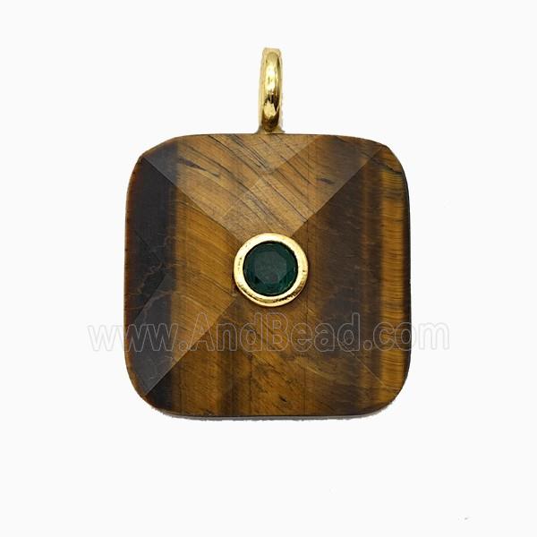 Natural Tiger Eye Stone Square Pendant Pave Zirconia