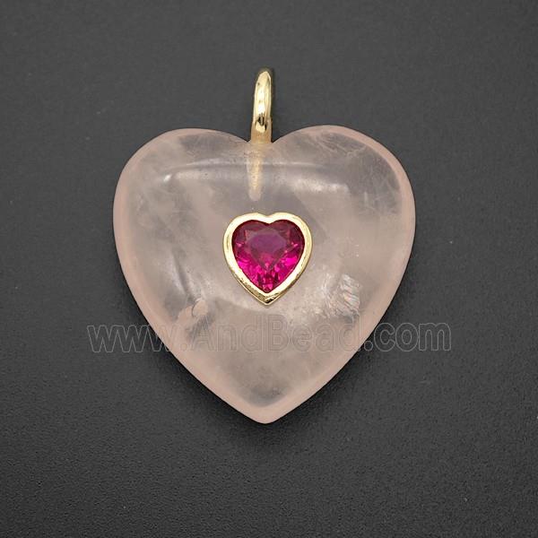 Natural Pink Rose Quartz Heart Pendant Pave Zirconia