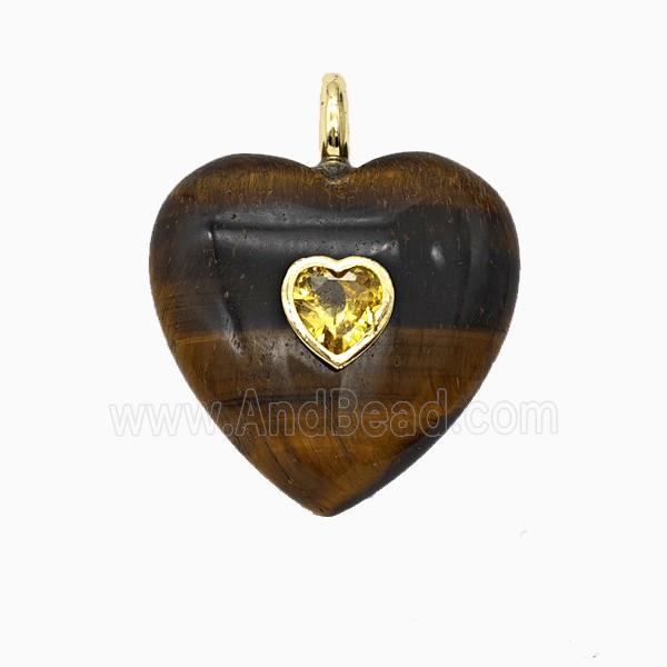 Natural Tiger Eye Stone Heart Pendant Pave Zirconia