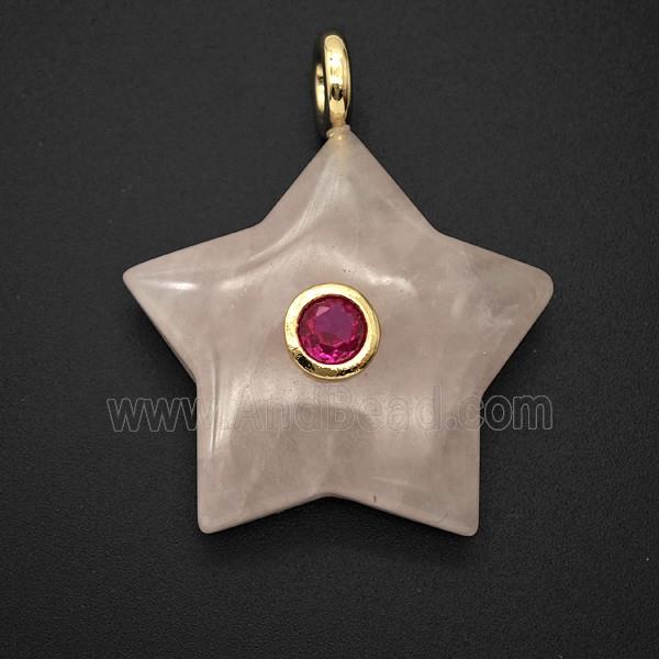 Natural Pink Rose Quartz Star Pendant Pave Zirconia