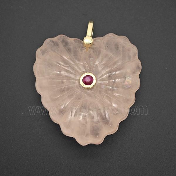 Natural Pink Rose Quartz Heart Pendant Pave Zirconia