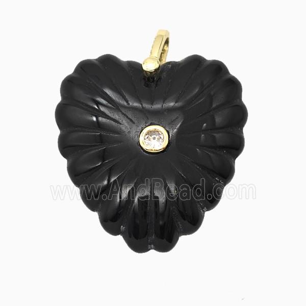 Natural Black Obsidian Heart Pendant Pave Zirconia