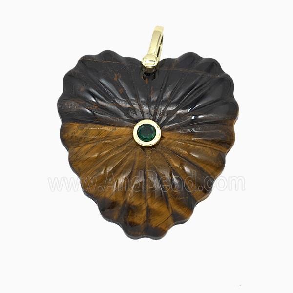 Natural Tiger Eye Stone Heart Pendant Pave Zirconia