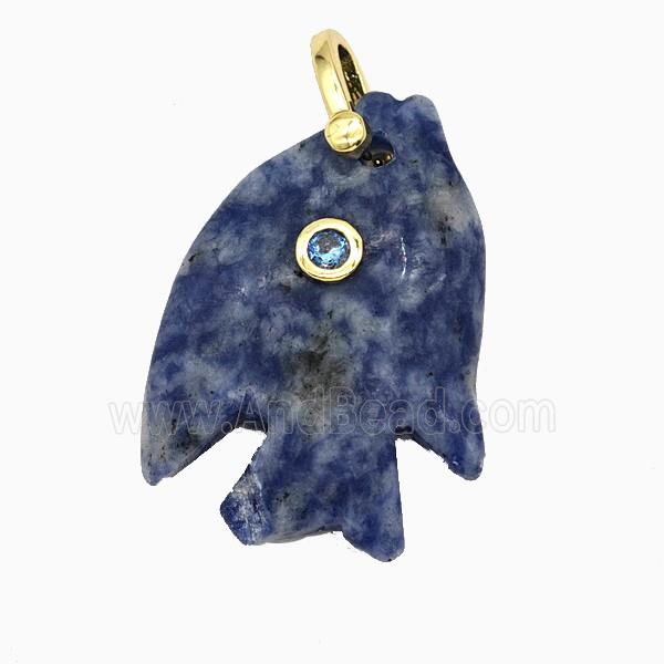Blue Dalmatian Jasper Fish Pendant Pave Zirconia