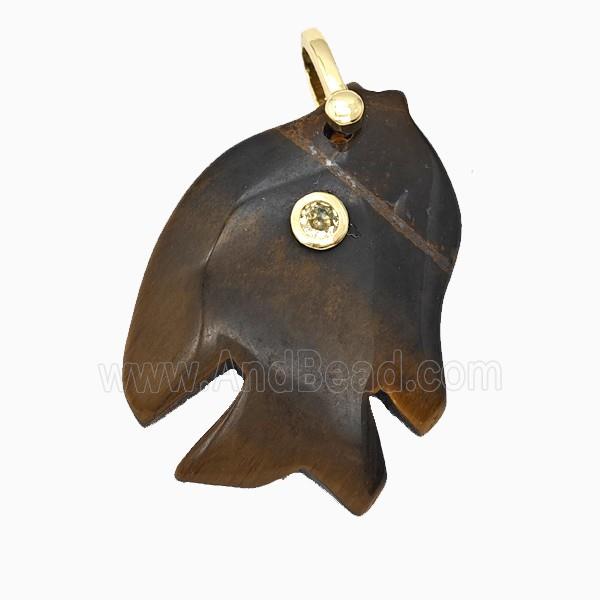 Tiger Eye Stone Fish Pendant Pave Zirconia