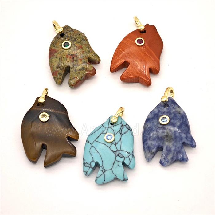 Natural Gemstone Fish Pendant Pave Zirconia Mixed
