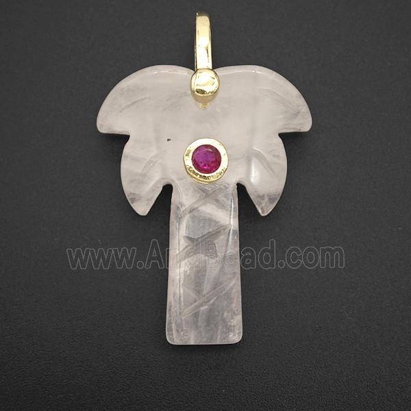 Rose Quartz Coconut Tree Pendant Pave Zirconia Palm