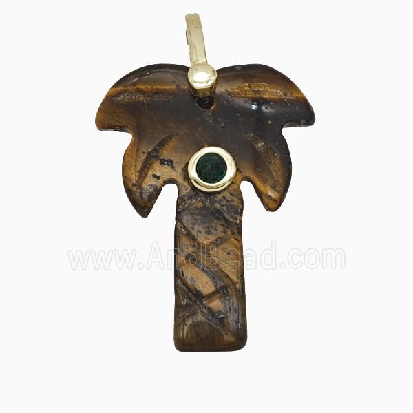 Tiger Eye Stone Coconut Tree Pendant Pave Zirconia Palm