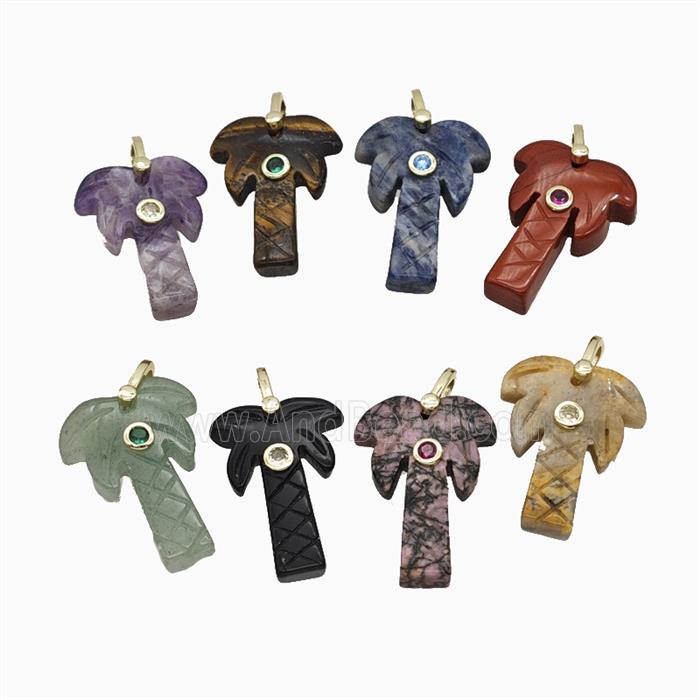 Natural Gemstone Coconut Tree Pendant Pave Zirconia Palm