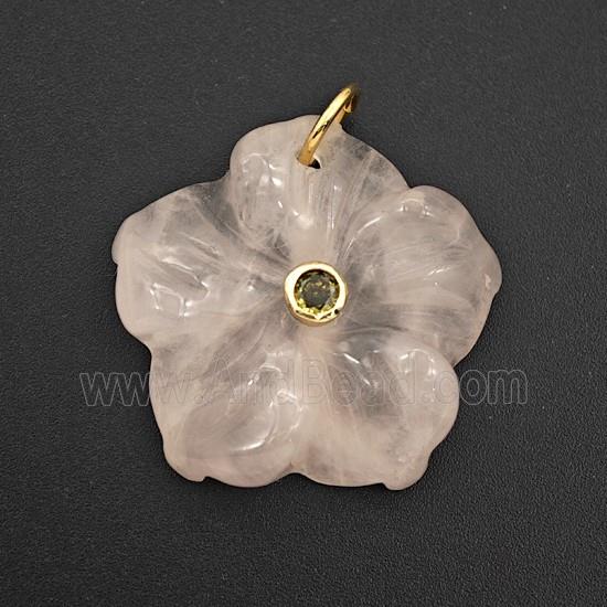 Pink Rose Quartz Flower Pendant Pave Zirconia