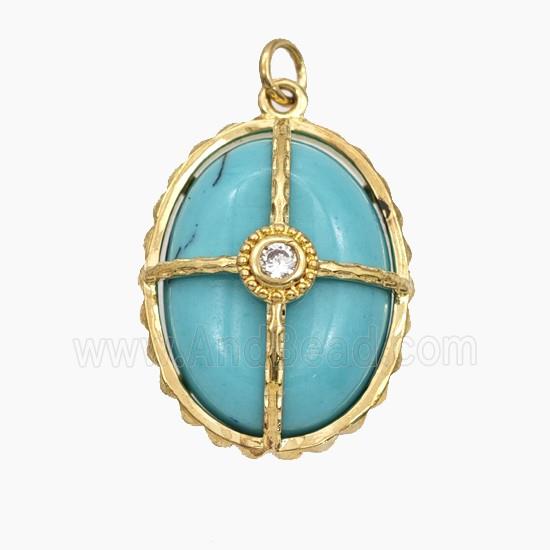 Blue Dye Howlite Turquoise Oval Pendant Pave Zirconia Gold Plated