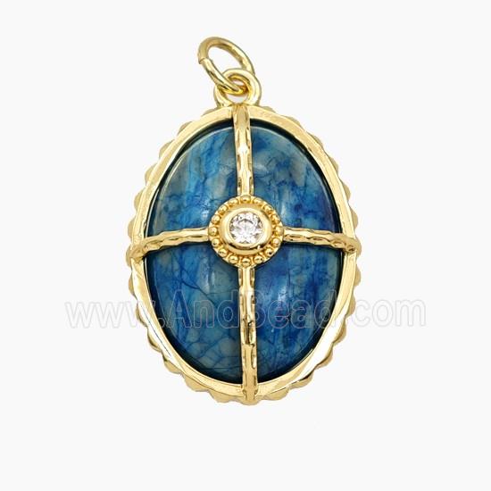 Blue Dye Jade Oval Pendant Pave Zirconia Gold Plated