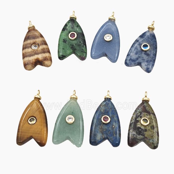 Mixed Natural Gemstone Shark-Tail Pendant Pave Zirconia