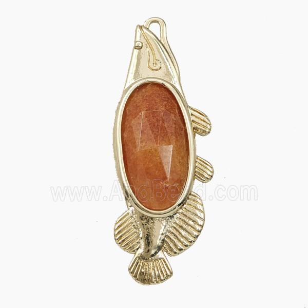 Copper Fish Pendant Pave Orange Jade Gold Plated