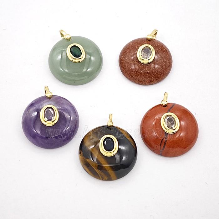 Natural Gemstone Coin Pendant Pave Zirconia Flat Round Mixed