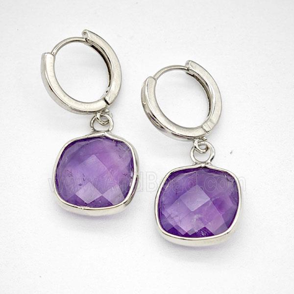 Purple Amethyst Copper Hoop Earrings Square Platinum Plated
