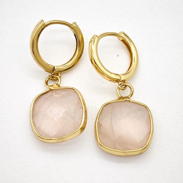 Rose Quartz Copper Hoop Earrings Square Gold Plated