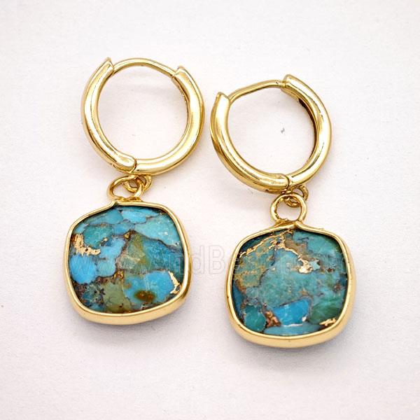 Blue Mosaic Turquoise Copper Hoop Earrings Square Gold Plated