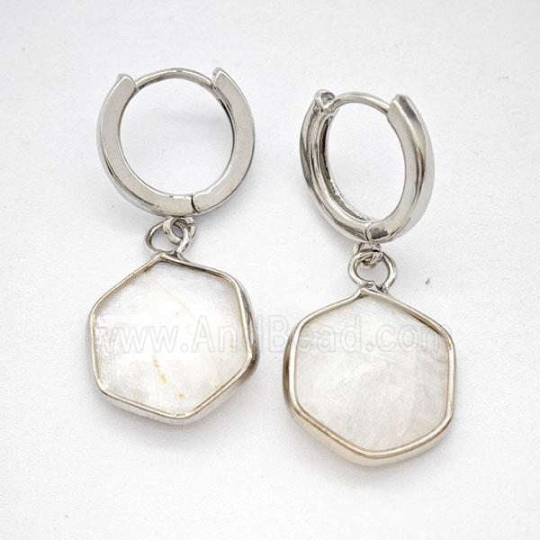White Moonstone Copper Hoop Earrings Hexagon Platinum Plated