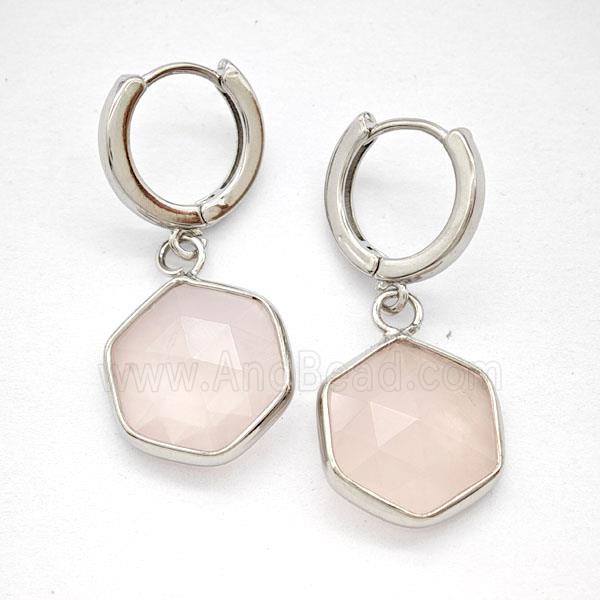 Pink Rose Quartz Copper Hoop Earrings Hexagon Platinum Plated