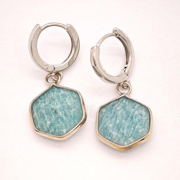 Green Amazonite Copper Hoop Earrings Hexagon Platinum Plated