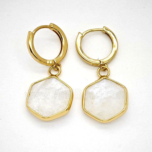 White Moonstone Copper Hoop Earrings Hexagon Gold Plated