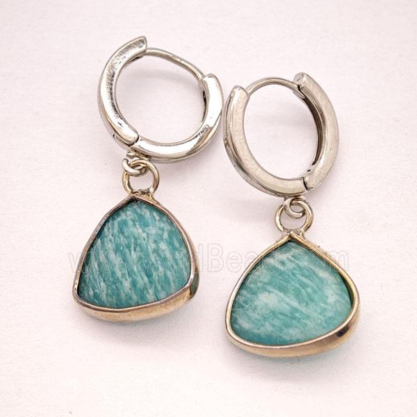 Green Amazonite Copper Hoop Earrings Triangle Platinum Plated